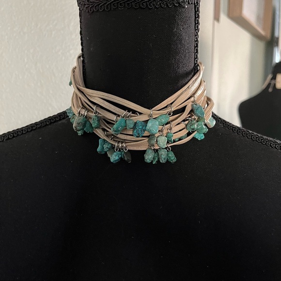 Y2K vintage Leather And Beaded Turquoise Adjustable Choker Necklace - Picture 2 of 6
